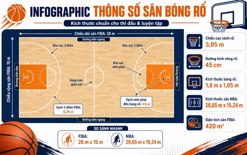 Bảng thông số giúp người chơi và chủ đầu tư nắm nhanh chiều dài, chiều rộng, chiều cao rổ và vạch 3 điểm.