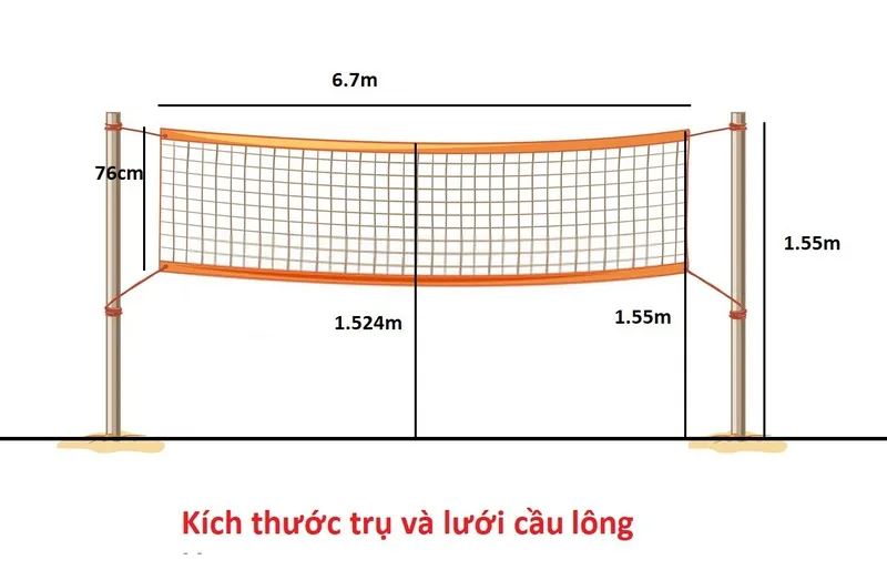 Lưới cầu lông tiêu chuẩn cao 1,524 m ở giữa sân và 1,55 m tại hai bên cột lưới.